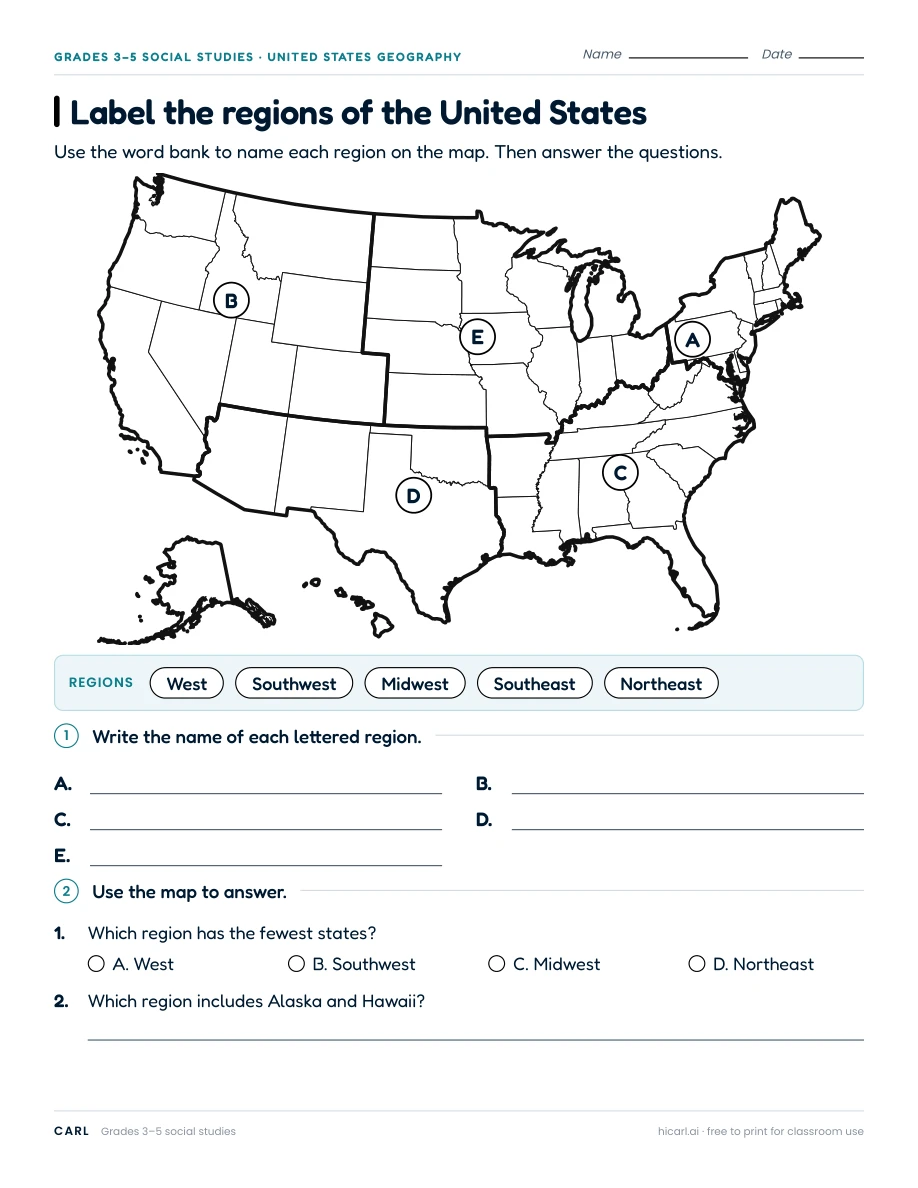 US regions and state research worksheets preview