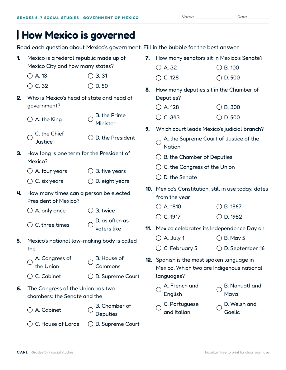 Mexico and UK government worksheets preview