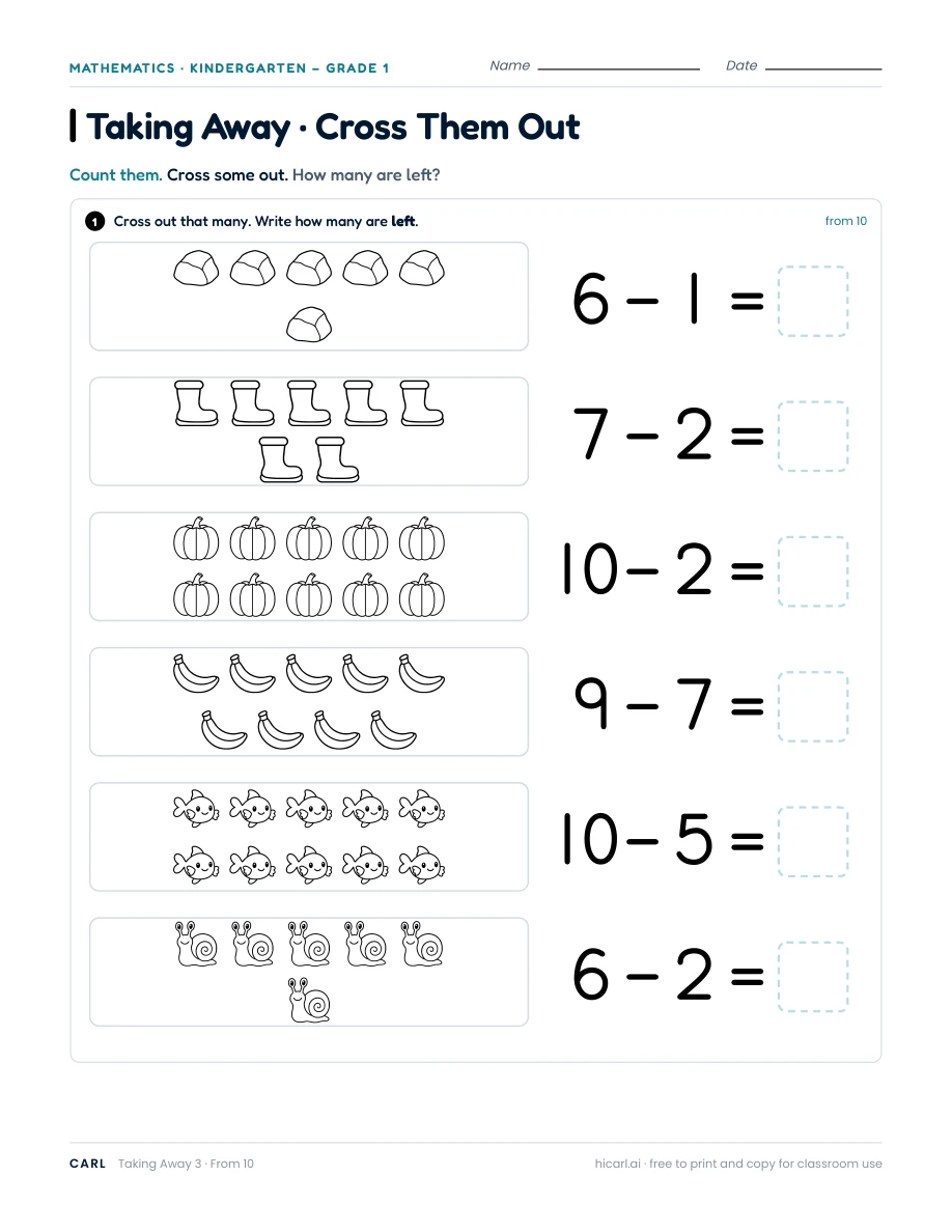 Subtraction within 10, sheet 3 — page 1 of 1