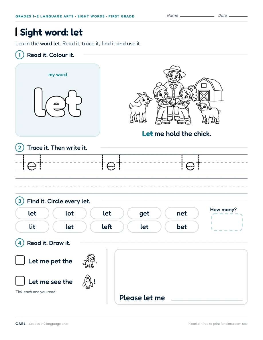 Sight word: let preview