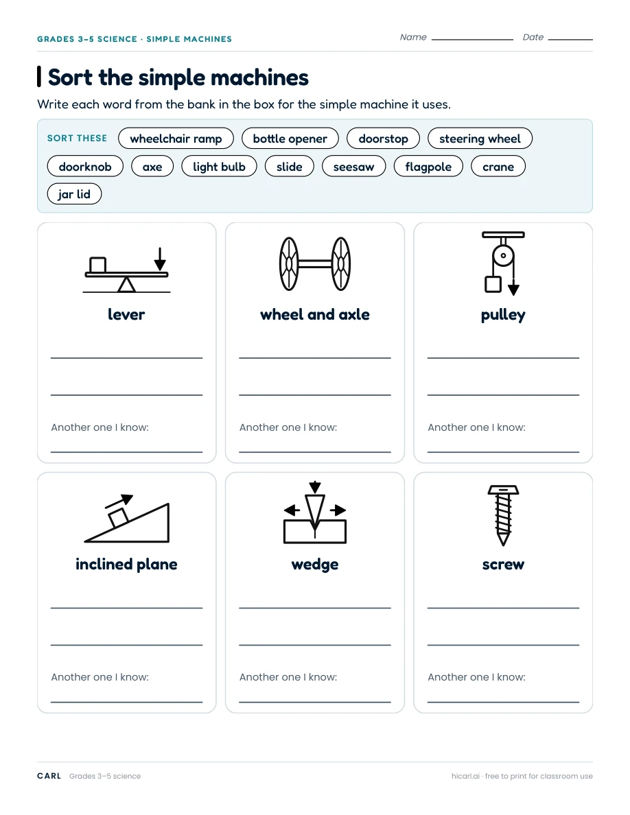 Sort the simple machines worksheet preview