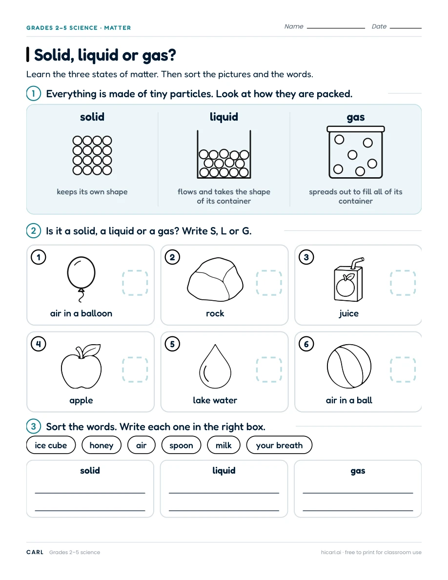 States of matter and changes worksheets preview