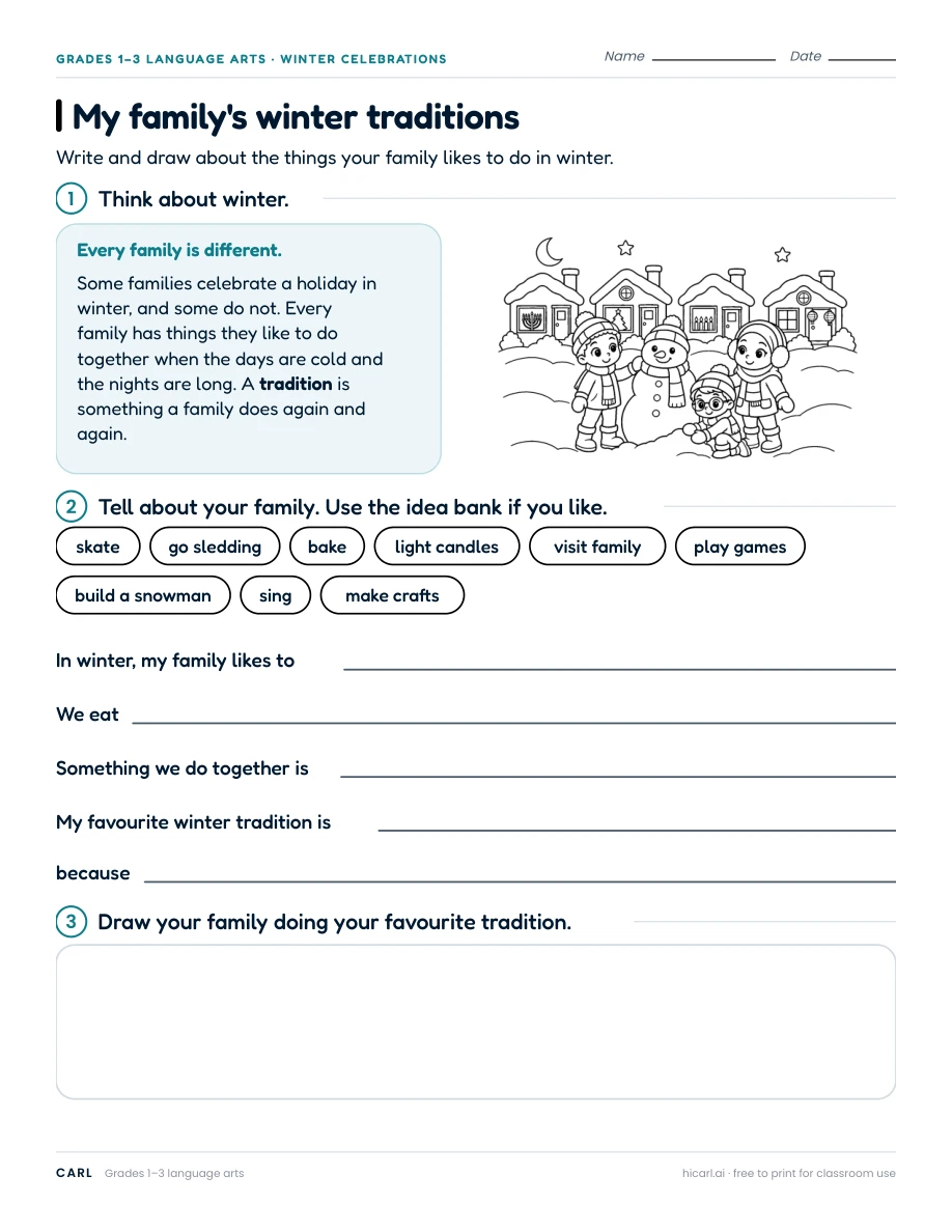 My family's winter traditions worksheet preview