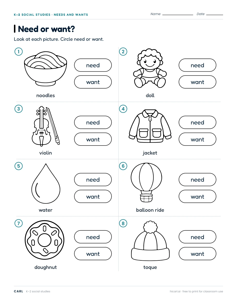 Need or want? worksheet preview