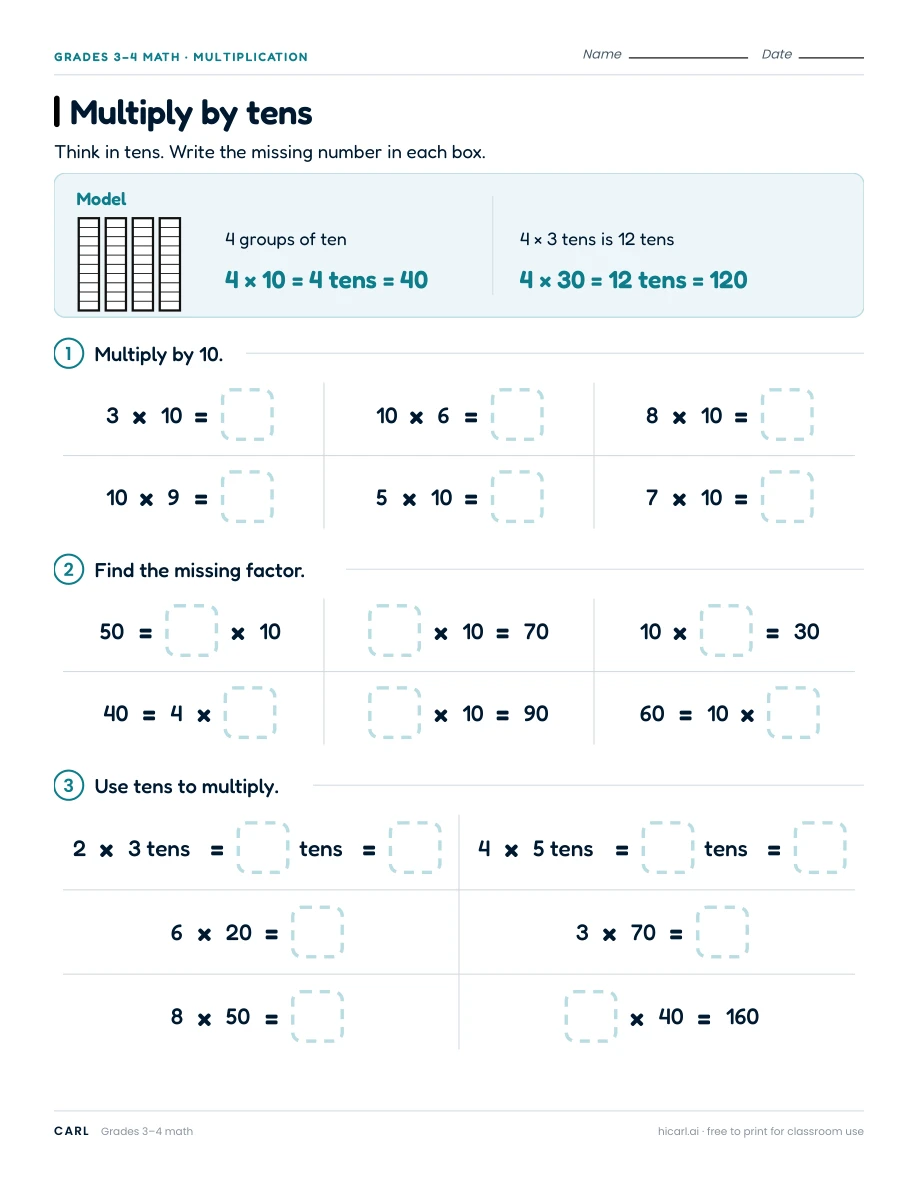 Multiplication by tens and single digits worksheets preview